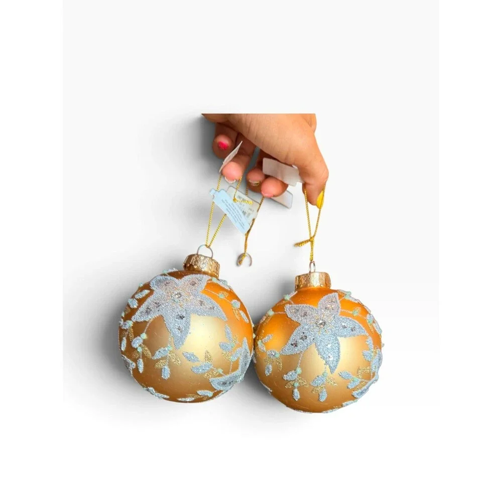New set of 3 $45 each Bloomingdale's Gold Floral beaded Glass Ball Ornaments